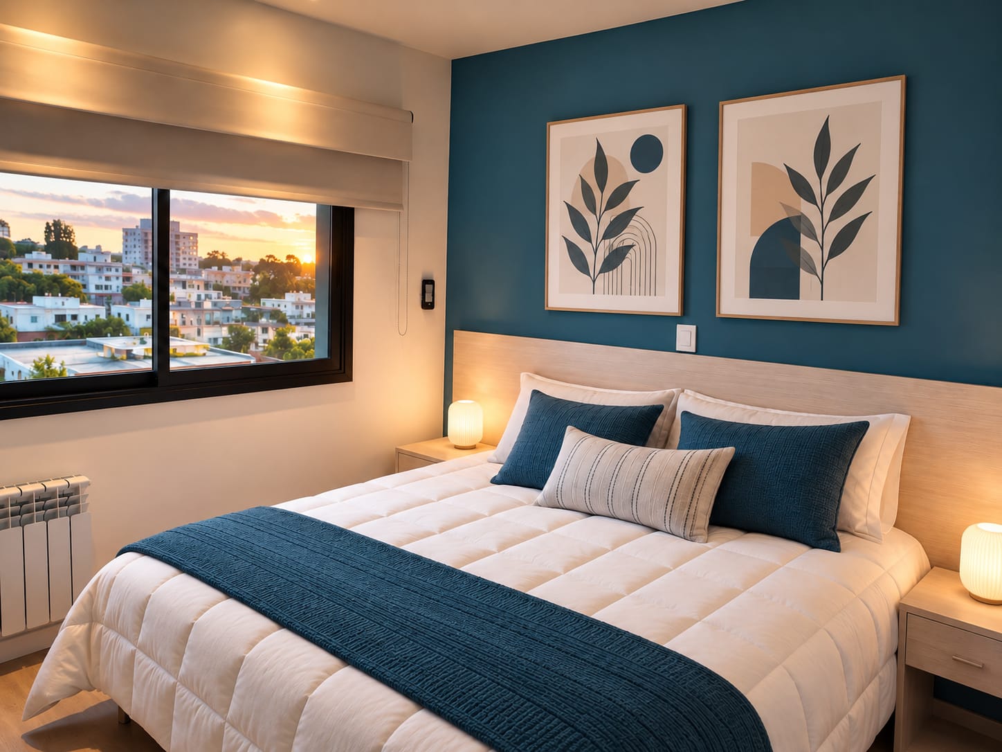 Dormitorio LEVEL Exclusive con pared azul y vista a la ciudad al atardecer