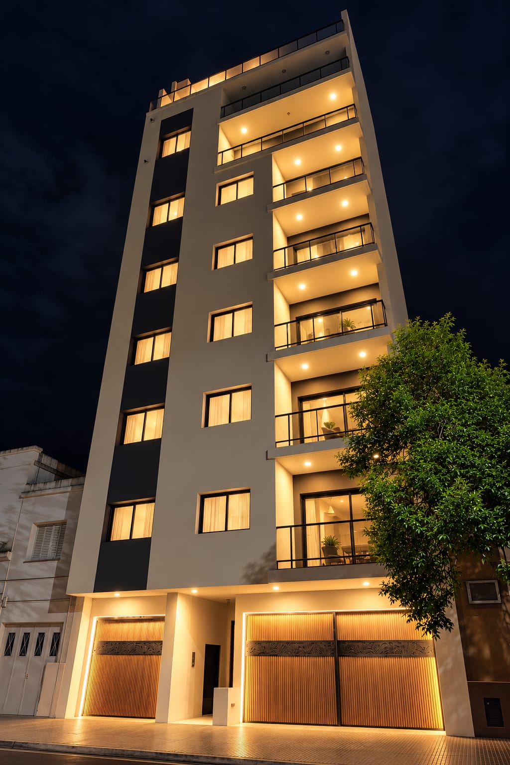 LEVEL Exclusive — fachada iluminada de noche · Bahía Blanca